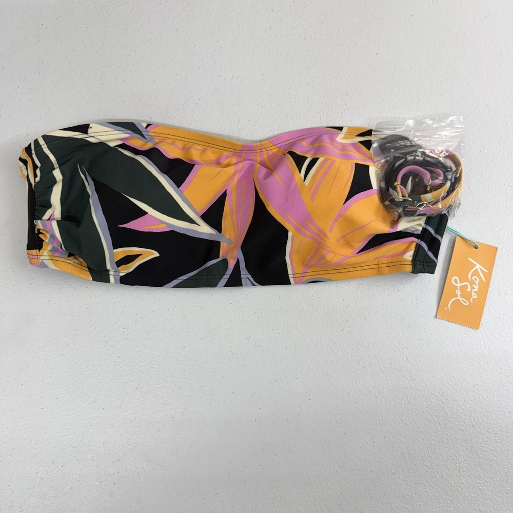 NEW Kona Sol tropical leafy padded bandeau halter strap bathing suit top swim L
